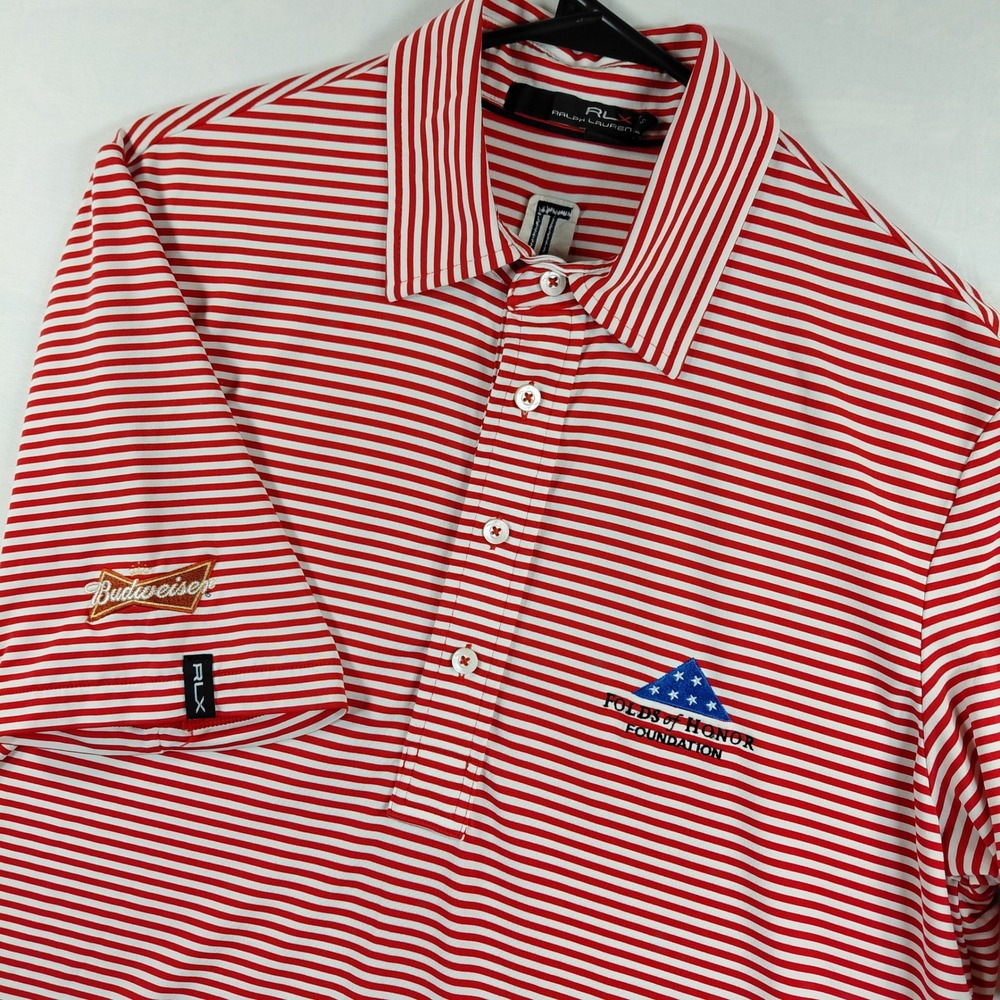 RLX Ralph Lauren Men S Red White Striped Polo Folds of Honor Budweiser PGA Logo
